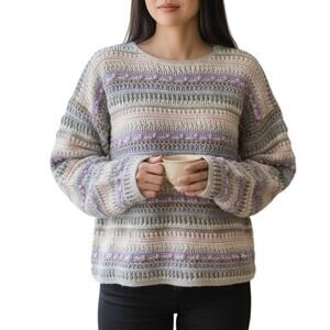 Vintage Purple Stripe Crochet Sweater Women Large Artsy Indie Sleeze Craftcore
